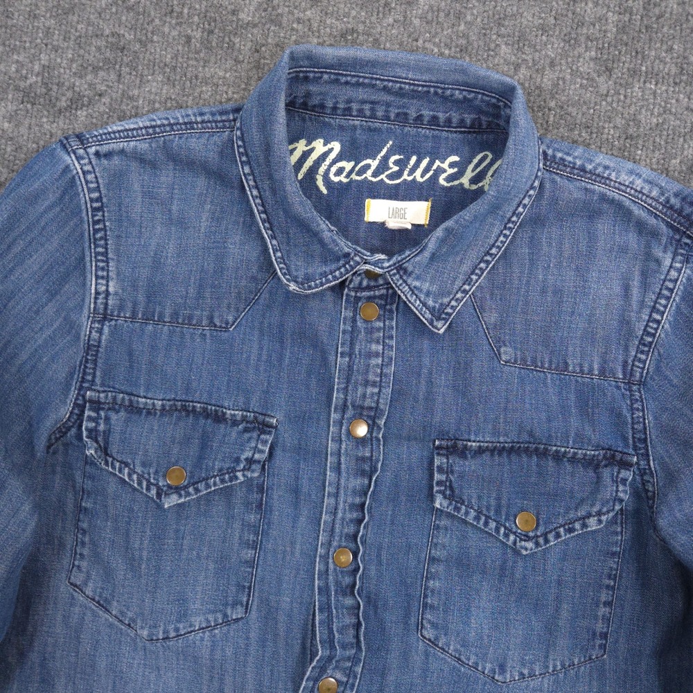 Madewell Denim Shirt Womens L Blue Medium Wash Whiskered Sleeves Snap Front - Picture 2 of 7